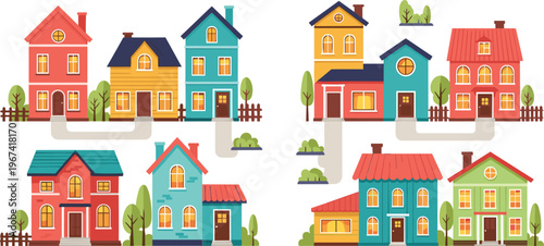 Colorful Cartoon Houses Collection Featuring Bright Residential Buildings, Family Homes and Neighborhood Architecture with Trees and Fences Vector Illustration Set