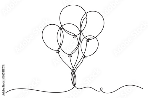 Continuous single line drawing of a bunch of balloons with strings tied together, creating a minimalist and elegant design