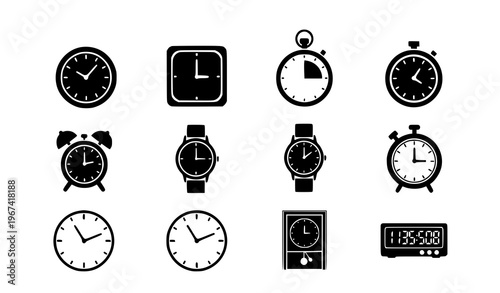 Black Clock Silhouette Icons Set Time and Watch Vector Symbols Collection