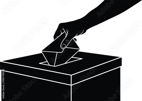 Silhouette of hand dropping ballot into voting box on white background vote election