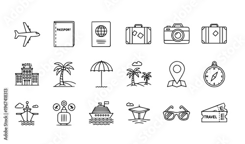 Tourism Travel Icons Set with Vacation and Transportation Symbols Vector