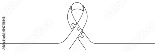 Continuous line drawing of an awareness ribbon with puzzle pieces, symbolizing autism support and understanding