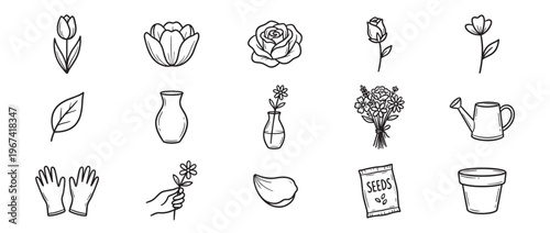 Collection of hand-drawn gardening and floral elements, including various flowers, leaves, vases, gloves, watering can, seeds, and a pot, presented in a simple doodle style