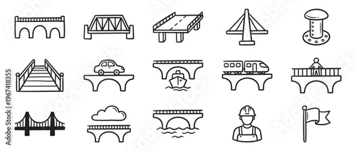 Collection of various hand-drawn bridge icons and related construction elements, featuring different styles and uses in a clean, illustrative manner