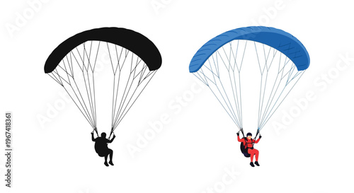 Two paragliders one black and one blue in dynamic flight silhouette