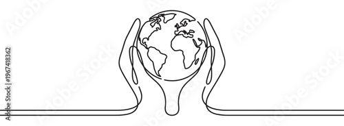 Two human hands gently cradling a detailed outline of the Earth, rendered in a continuous single line art style