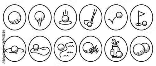 Collection of twelve black and white golf icons illustrating various aspects of the sport in a clean, minimalist style