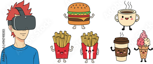 Cute Cartoon Food Characters and VR Gamer Vector Illustration Set with Burger, Fries, Coffee and Ice Cream, Fun Kawaii Style Collection Isolated on White