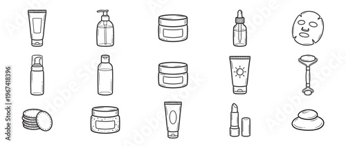 Collection of various hand-drawn skincare and beauty product icons in black and white outline style, featuring tubes, bottles, jars, and tools