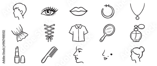 Collection of hand-drawn black and white doodle icons representing various beauty, fashion, and personal care items