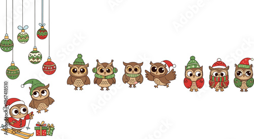 Cute Christmas owl character collection with winter hats gifts ornaments and festive decorations cartoon vector illustration set isolated on white background