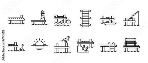 Collection of black outline vector icons depicting various pier and dock related elements with water