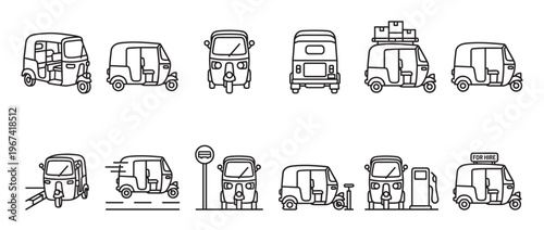Collection of various line art auto rickshaw icons depicting different angles, actions, and situations