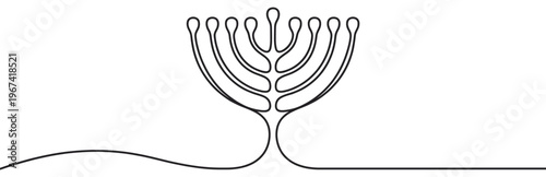 Continuous line drawing of a traditional Jewish menorah with nine branches, rendered in a minimalist black outline style