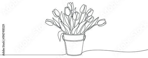 Continuous line drawing of a beautiful bouquet of fresh tulips in a bucket, rendered with elegant simplicity