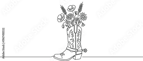 Single continuous line drawing of a cowboy boot with a spur, filled with wildflowers and wheat, creating a rustic and artistic illustration