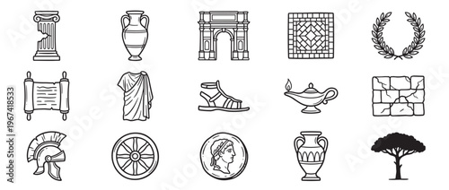 Collection of fifteen ancient Roman and Greek themed black outline icons, including architecture, clothing, and artifacts, presented in a clean, illustrative style