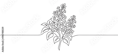 Beautiful continuous line drawing of a blooming lilac branch with delicate flowers and leaves, rendered in a minimalist artistic style