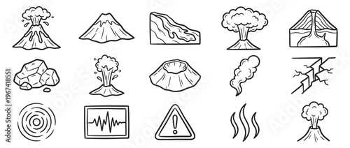Hand-drawn doodle style set of various volcano and earthquake related icons on a clean white surface