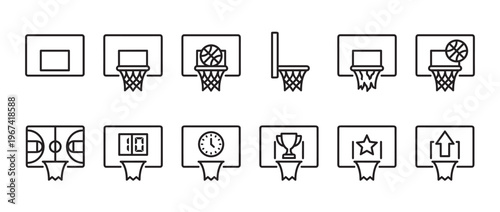 Collection of basketball hoop and backboard line icons, featuring various elements like a ball, court, clock, trophy, and star