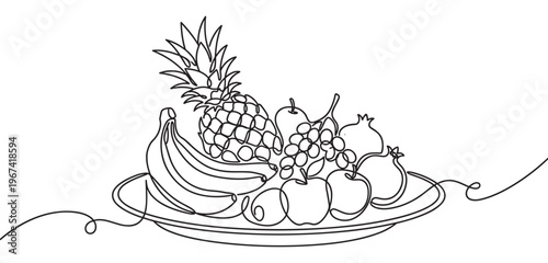 Continuous line drawing of a fruit bowl filled with bananas, pineapple, grapes, apples, and pomegranates, rendered in a minimalist style