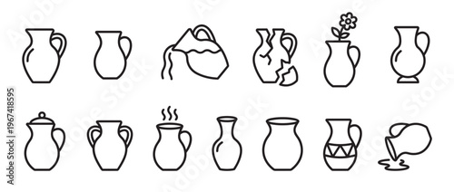 Collection of various outline pottery jug and pitcher icons in a simple, clean style