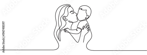 Beautiful mother gently kisses her baby, depicted in a continuous line art style with a tender, loving expression