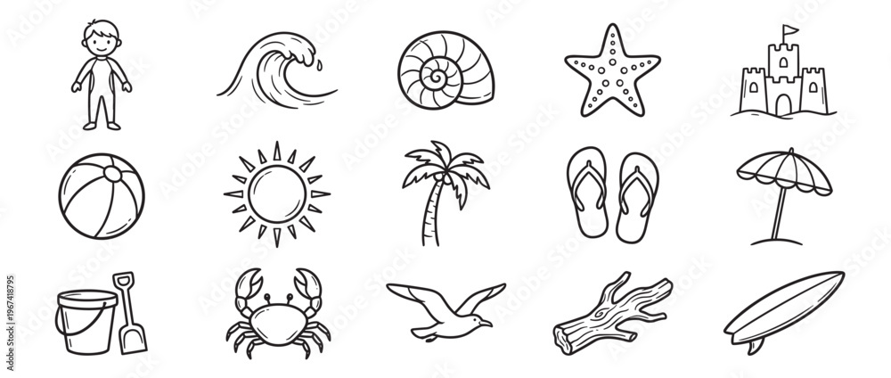 Fototapeta premium Collection of fifteen black and white hand-drawn summer and beach-themed doodle icons, perfect for vacation designs
