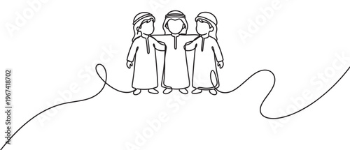 Three continuous line drawing Arab children wearing traditional thobes and headwear, standing together in a friendly embrace