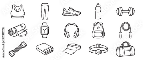 Collection of hand-drawn fitness and gym equipment icons, including sportswear, accessories, and workout tools, presented in a clean line art style