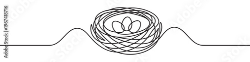 Simple black line art drawing of a bird's nest with three eggs, symbolizing new life and family