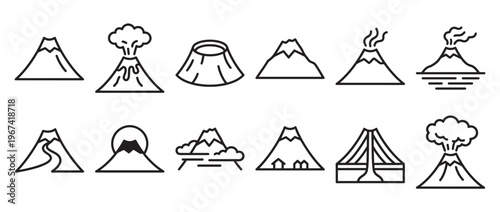 Collection of twelve black outline volcano icons depicting various states and forms of volcanic activity