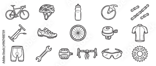 Collection of hand-drawn bicycle accessories and parts, including a bike, helmet, water bottle, and pump, presented in a clean, graphic style