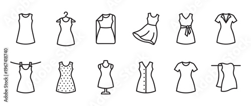 Collection of twelve diverse outline dress icons, showcasing various styles and forms of women's clothing