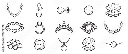 Collection of hand-drawn pearl jewelry and accessories, including necklaces, earrings, rings, and a tiara, in a detailed outline style
