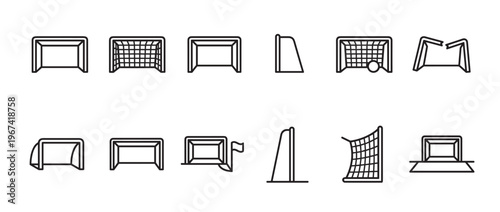 Collection of twelve simple black outline soccer goal icons, including various perspectives and details, presented clearly