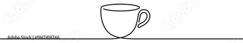Minimalist black line drawing illustrates a simple coffee cup with a handle, emerging from a continuous horizontal line