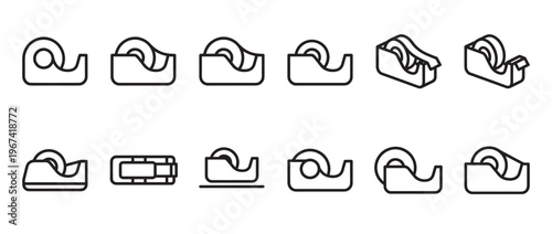Collection of twelve simple black outline tape dispenser icons in various angles and styles, presented as a clean graphic element