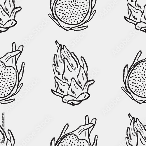 Seamless pattern with whole and sliced dragon fruit. Tropical botanical pitaya repeatable background for food packaging. Hand drawn vector sketch illustration in vintage crayon charcoal style