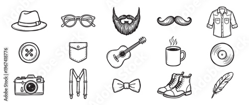 Various hand-drawn black and white hipster fashion and lifestyle elements are arranged neatly on a clean white surface