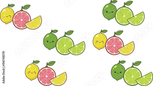 Cute citrus fruit collection with lemon lime and grapefruit slices kawaii cartoon vector illustration set isolated on white background