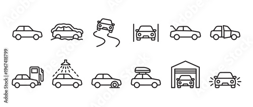 Collection of black outline car icons illustrating various situations and services in a clean, simple style
