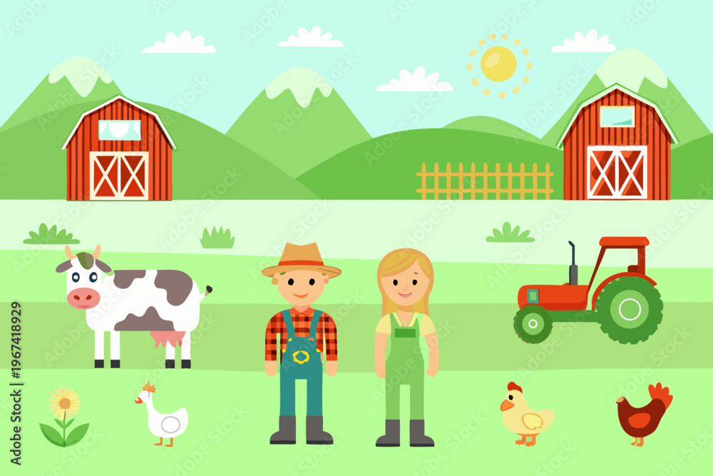 Obraz premium A colorful farm scene with people animals and buildings