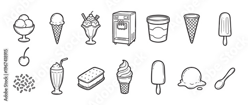 Various hand-drawn ice cream and dessert elements in a simple black and white line art style, perfect for sweet treat concepts