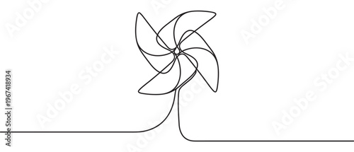 Continuous single line drawing of a simple pinwheel with six blades, rendered in a minimalist black and white style