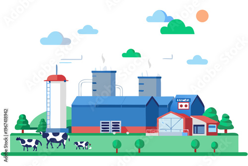 A colorful illustration depicts a farm with factory buildings and cows