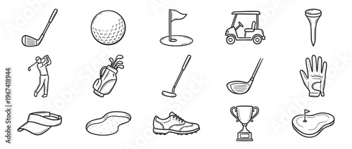 Collection of hand-drawn golf equipment and elements, including clubs, ball, flag, cart, player, and trophy, in a simple black and white sketch style