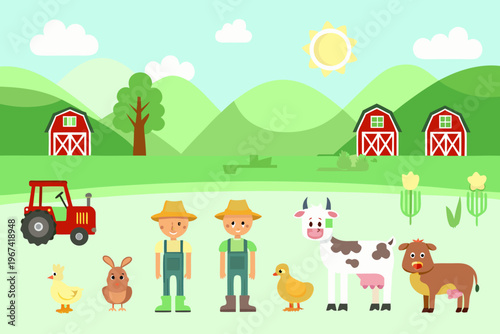 A colorful cartoon farm scene with animals farmers and buildings