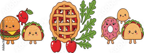 Cute kawaii food character collection with burger taco donut pie and apple cartoon vector illustration set isolated on white background