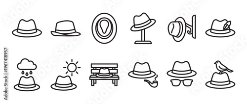 Collection of black outline fedora hat icons in various poses and scenarios, presented as a clean vector illustration